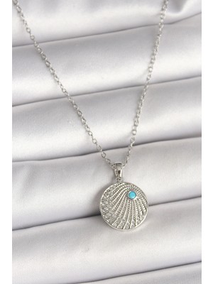 Shopwave 316L Çelik Gümüş Renk Zincir Zirkon Taşlı Mavi Taş Detaylı Madalyon Model Kadın Kolye