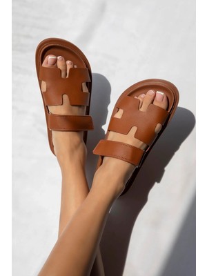 Straswans Farmer  Kadın  Cırt  Bantlı  Baskı  Deri  Terlik Taba