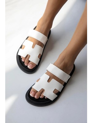 Straswans Farmer  Kadın  Cırt  Bantlı  Baskı  Deri  Terlik Beyaz