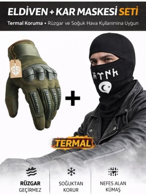 Single Sword Dokunmatik Tam Parmak Korumalı Eldiven + Termal Kar Maskesi Set Haki XL