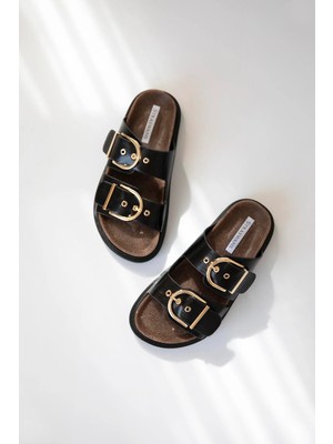 Straswans Zowie  Kadın  Toka  Detay  Günlük Konfor  Deri Terlik Siyah