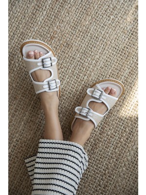 Straswans Moss Kadın Hasır Detay  Günlük Deri Terlik Beyaz