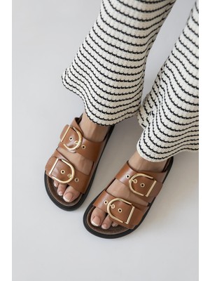 Straswans Zowie  Kadın  Toka  Detay  Günlük Konfor  Deri Terlik Taba