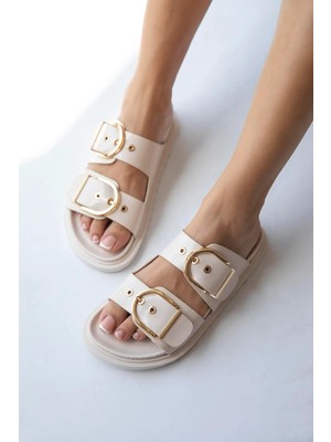 Straswans Forster Kadın Toka  Detay  Günlük Konfor Rugan Terlik Bej