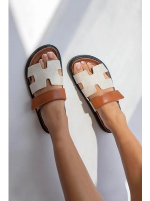 Straswans Palmeira  Kadın  Cırt  Bantlı  Deri  Terlik Bej-Hasır