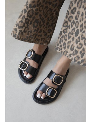 Straswans Mecy Kadın  Toka  Detay Deri  Günlük  Konfor Terlik Siyah