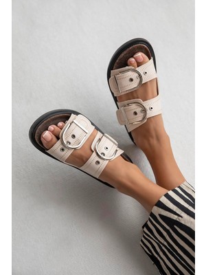 Straswans Chelsa   Kadın  Toka  Detay  Günlük  Konfor Terlik Bej