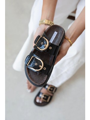 Straswans Zowie  Kadın  Toka  Detay  Günlük Konfor Rugan Terlik Siyah