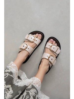 Straswans Zowie  Kadın  Toka  Detay  Günlük Konfor Rugan Terlik Bej