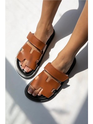 Straswans Palmeira  Kadın  Cırt  Bantlı  Deri  Terlik Taba-Siyah