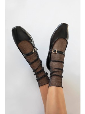 Straswans Karmin Kadın Kemer Detay Kırışık Deri Babet Siyah