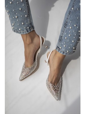 Straswans Jessica Kadın Taş Detay Şeffaf Topuklu  Ayakkabı Beyaz