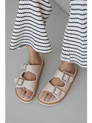 Straswans Moss Kadın Hasır Detay  Günlük Deri Terlik Bej