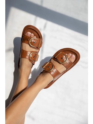 Straswans Pella  Kadın  Drop  Detay  Günlük  Konfor Terlik Taba