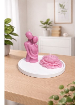 Yasmella Home Sonsuz Sarılan Çift Mum + Şakayık Mum +Yuvarlak Sunum Tepsi