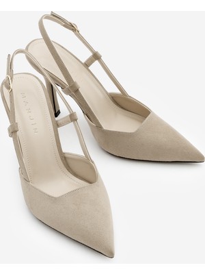 Marjin Kadın Stiletto Sivri Burun Ince Ökçe Atkılı Abiye Topuklu Ayakkabı Reney Bej Süet