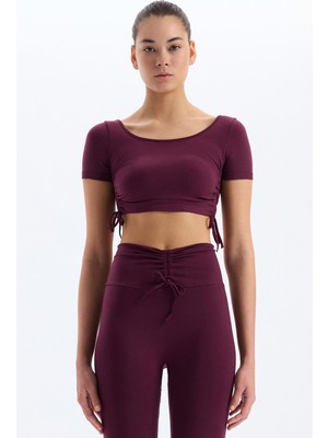 COMEUP Bağcıklı Yanlardan Büzgülü Crop Top Mürdüm