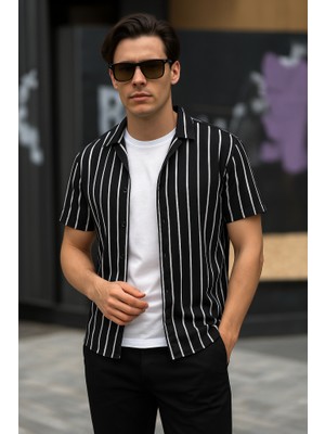Etiler Collection Erkek Kısa Kollu Beyaz Çizgi Desenli Örme Kumaş Pamuklu Gömlek