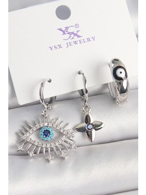 Shopwave Pirinç Gümüş Renk Zirkon Taşlı Göz Model Nazar Boncuk Detay 3'lü Kadın Kombin Küpe