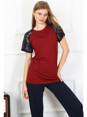 Beruflic Kadın Kolu Dantelli Penye Pijama Takım Bordo