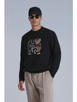 Lufian Erkek Siyah Sweatshirt Grafik Desenli Uzun Kol Klasik Kesim Rahat Tasarım
