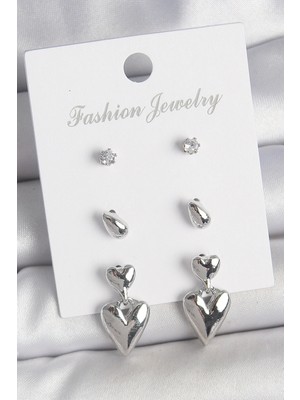 Shopwave Pirinç Gümüş Renk Zirkon Taşlı Sallantılı Kalp Model 3 Çift Kadın Küpe Seti
