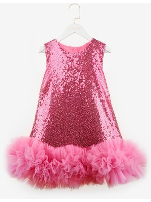 Fuşya  Pullu Etek Ucu Fırfır Detaylı Kız Çocuk Abiye Mezuniyet Elbisesi - Aurora