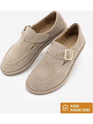 Marjin Kadın Hakiki Deri Loafer Bantlı Maskülen Günlük Ayakkabı Zepar Bej Süet