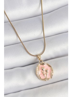 Shopwave 316L Çelik Gold Renk Zincir Pembe Mineli Çiçek Işlemeli Portre Model Kadın Kolye