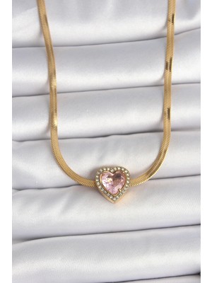 Shopwave 316L Çelik Gold Renk Italyan Zincir Pembe Zirkon Taşlı Kalp Model Kadın Kolye
