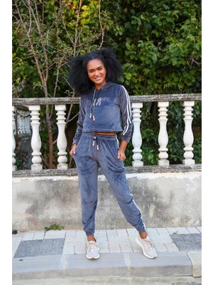 Beruflic Kadın Kadife Kapşonlu Eşofman Takım Gri