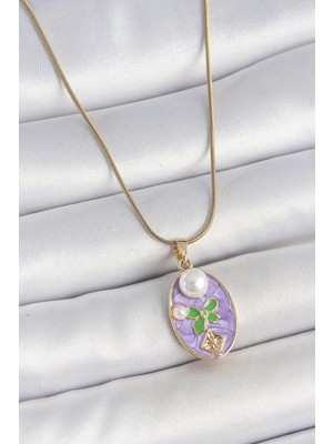 Shopwave 316L Çelik Gold Renk Zincir Mor Mineli Oval Incili Çiçek Işlemeli Portre Model Kadın Kolye