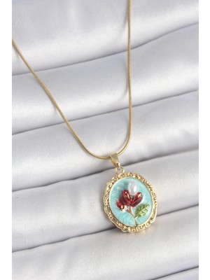 Shopwave 316L Çelik Gold Renk Zincir Turkuaz Mineli Incili Çiçek Işlemeli Portre Model Kadın Kolye