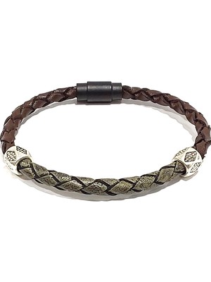 Herşey Nota Imperial Terra Hakiki Deri Erkek Bileklik – Kahverengi & Haki Örgü – Metal Detaylı Çelik KILIT-1329