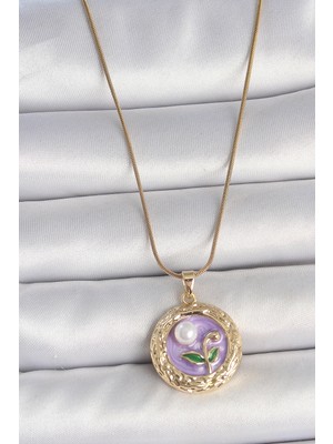 Shopwave 316L Çelik Gold Renk Zincir Mor Çiçek Işlemeli Inci Detay Potre Model Kadın Kolye