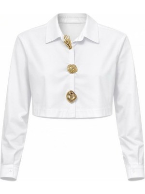 Miss Poem Kadın Beyaz Gold Düğme Figür Detaylı Crop Gömlek