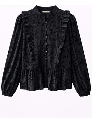 Mixray 4807 Kadın Çiçek Desen Hakim Yaka Fırfırlı Bluz Siyah