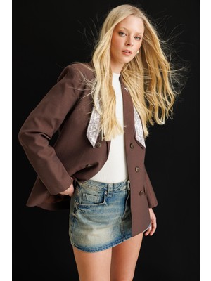 Mixray 4809 Kadın Fular Detaylı Keten Blazer Ceket Kahve
