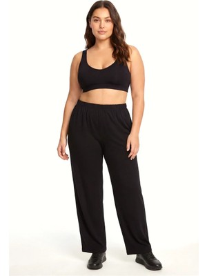 İlkyaz Fashion Kadın Siyah Dokulu Büyük Beden Cepli Pijama Altı Rahat Kesim Esnek Bel Günlük Ev Giyim Alt