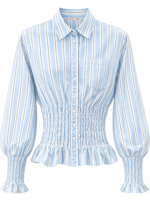 Mixray 4823 Kadın Çizgili Beli Gipeli Uzun Kol Gömlek Mavi