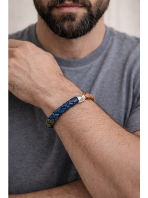 Herşey Nota Imperial Contrast Hakiki Deri Erkek Bileklik – Lacivert & Taba Örgü – Metal Detaylı Çelik KILIT-1326