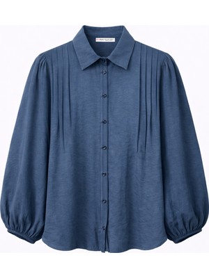 Mixray 4825 Kadın Nervürlü Dökümlü Modal Gömlek Lacivert