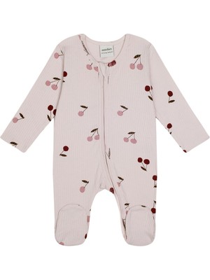 Antebies Organik Gots Sertifikalı Pembe Kiraz Masalı Desenli Fermuarlı Uzun Kollu Kız Bebek Patikli Tulum