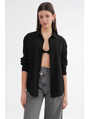 Mixray 4674 Kadın Ince Çizgili Dökümlü Basic Gömlek Siyah