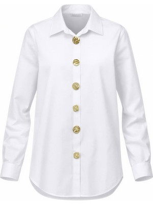 Miss Poem Kadın Beyaz Gold Düğmeli Slim Fit Likralı Pamuk Gömlek