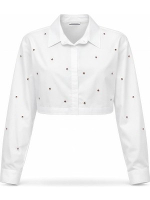 Miss Poem Kadın Beyaz Taş Detaylı Crop Gömlek