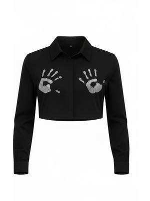 Miss Poem Kadın Siyah Taş Işlemeli Crop Gömlek