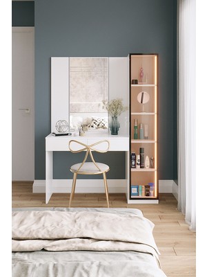 AVM Park Aqua Aynalı Makyaj Masası + Tek Cam Kapaklı Dolaplı Işıklı Çekmeceli Şifonyer Beyaz