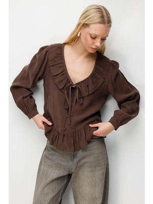 Mixray 4813 Kadın Volanlı V Yaka Bluz Kahve