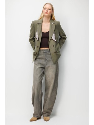 Mixray 4809 Kadın Fular Detaylı Keten Blazer Ceket Haki